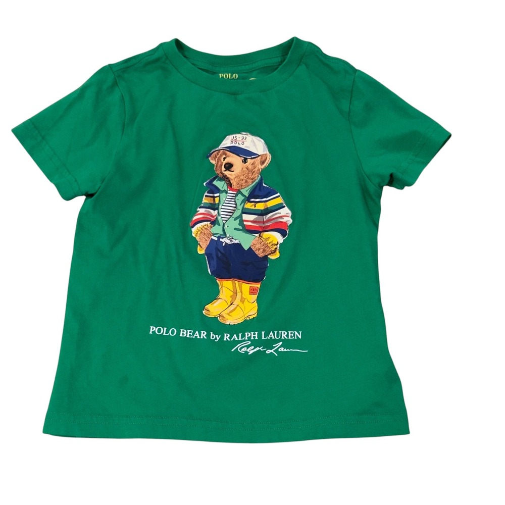 Polo Ralph Lauren Kids Size 4 Green Polo Bear Graphic Cotton S/S T-Shirt euc